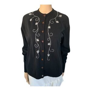 Vintage Carterbury Of Tycora Women’s Black Floral Silver Beaded Knitted Cardigan